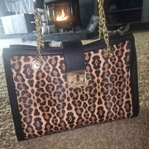 Leopard Print Women's Bag with Gold Chain